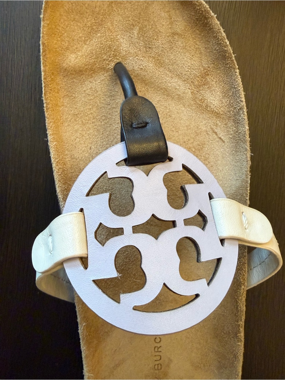 Tory Burch Miller Cloud Lavender Ivory Black Sandals w/ Tan Suede Footbed - Picture 6 of 7
